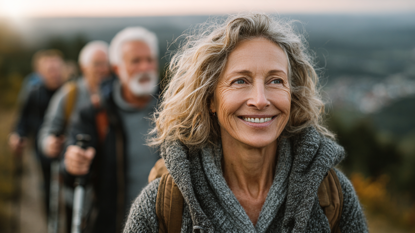 Людина середнього віку займається йогою на природі